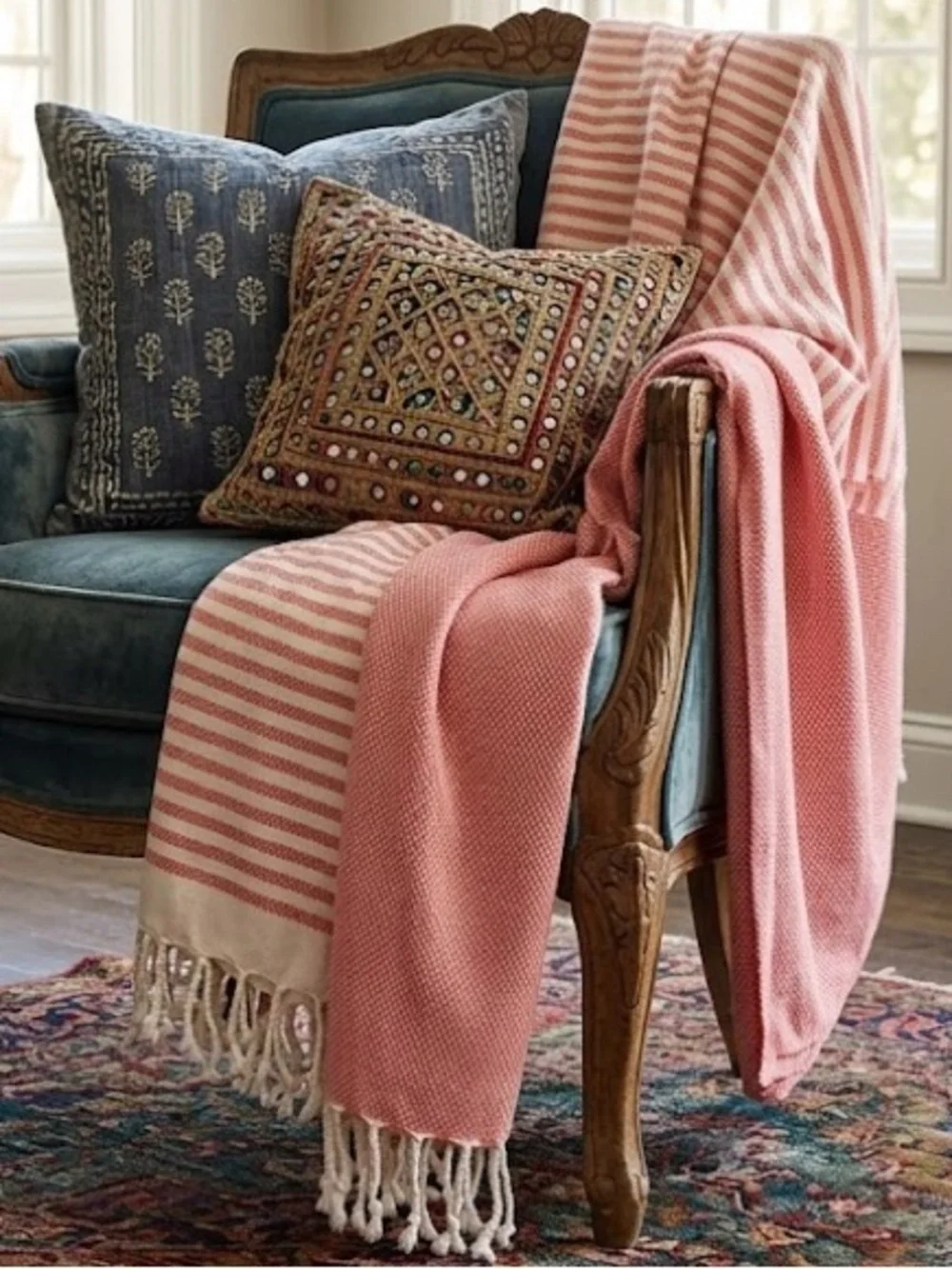 Striped Coral & White Turkish Throw Blanket Towel with Fringe